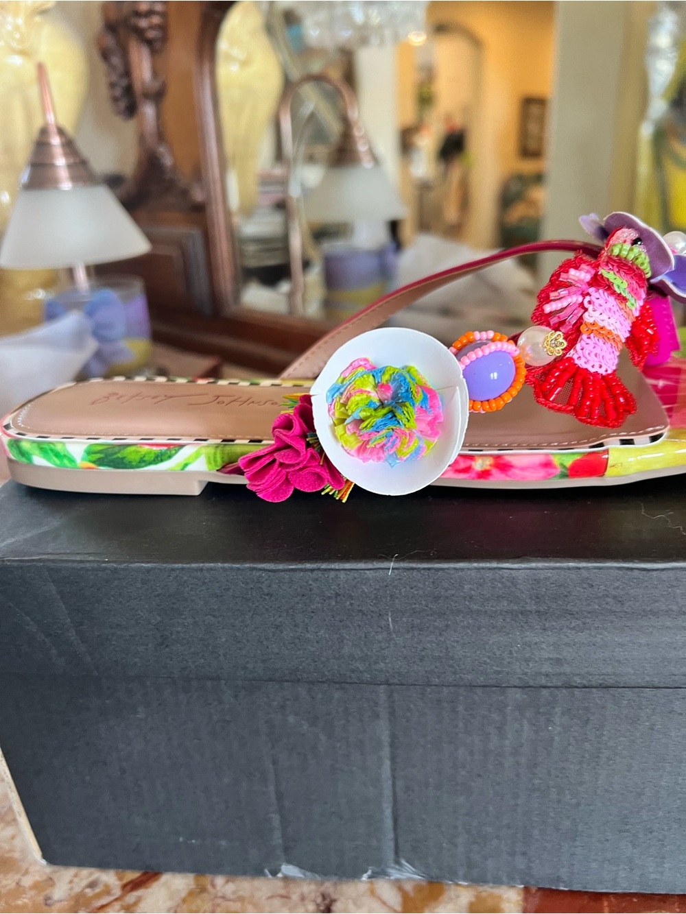 Betsey Johnson Pink Multi Floral Beaded Slide Sandals - Picture 11 of 14